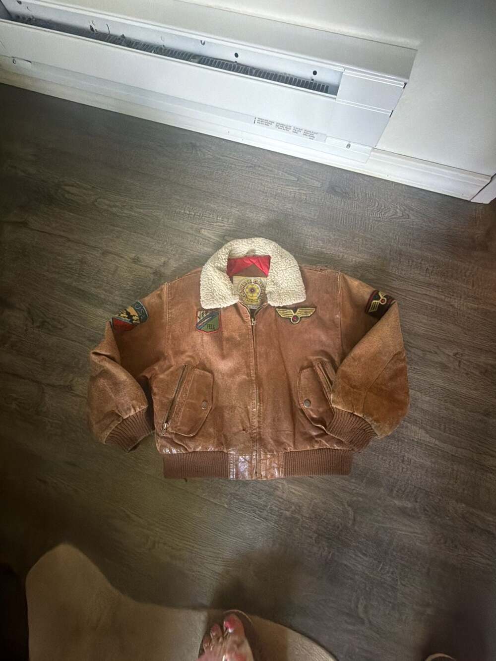 Vintage Climate Control Kids Leather Bomber Flight Jacket with Patches